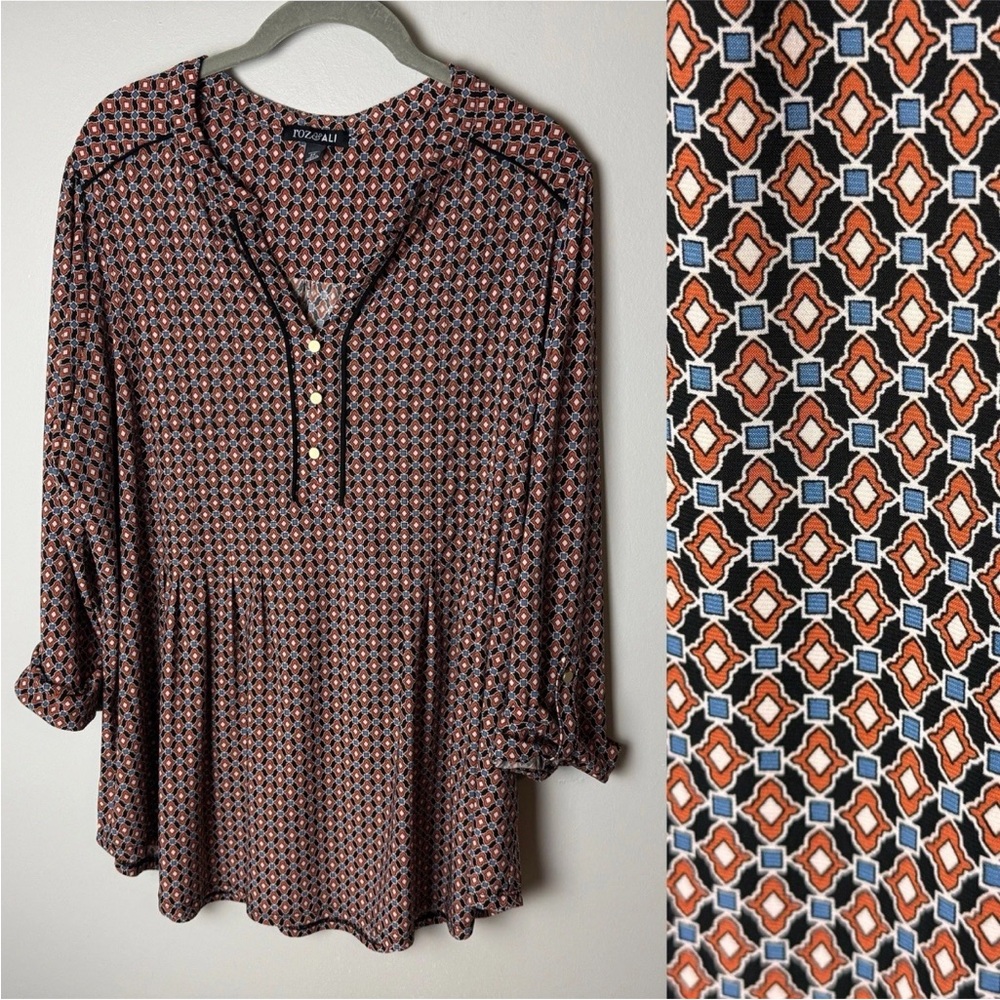 Roz & Ali Blouse Plus Size 2X Top 3/4 Roll-Tab Sleeves Stretch Navy Blue Orange